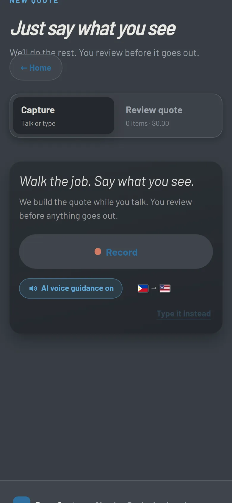 A phone showing a new ProprQuote with the Speak Tagalog to Quote English control beside Record.