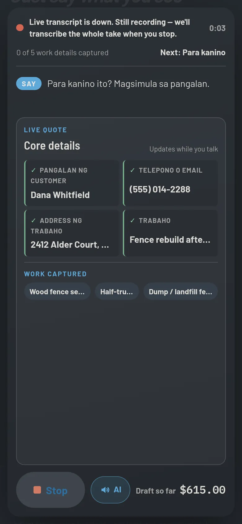 A phone showing customer, address, and fence work filling the live core-details board.