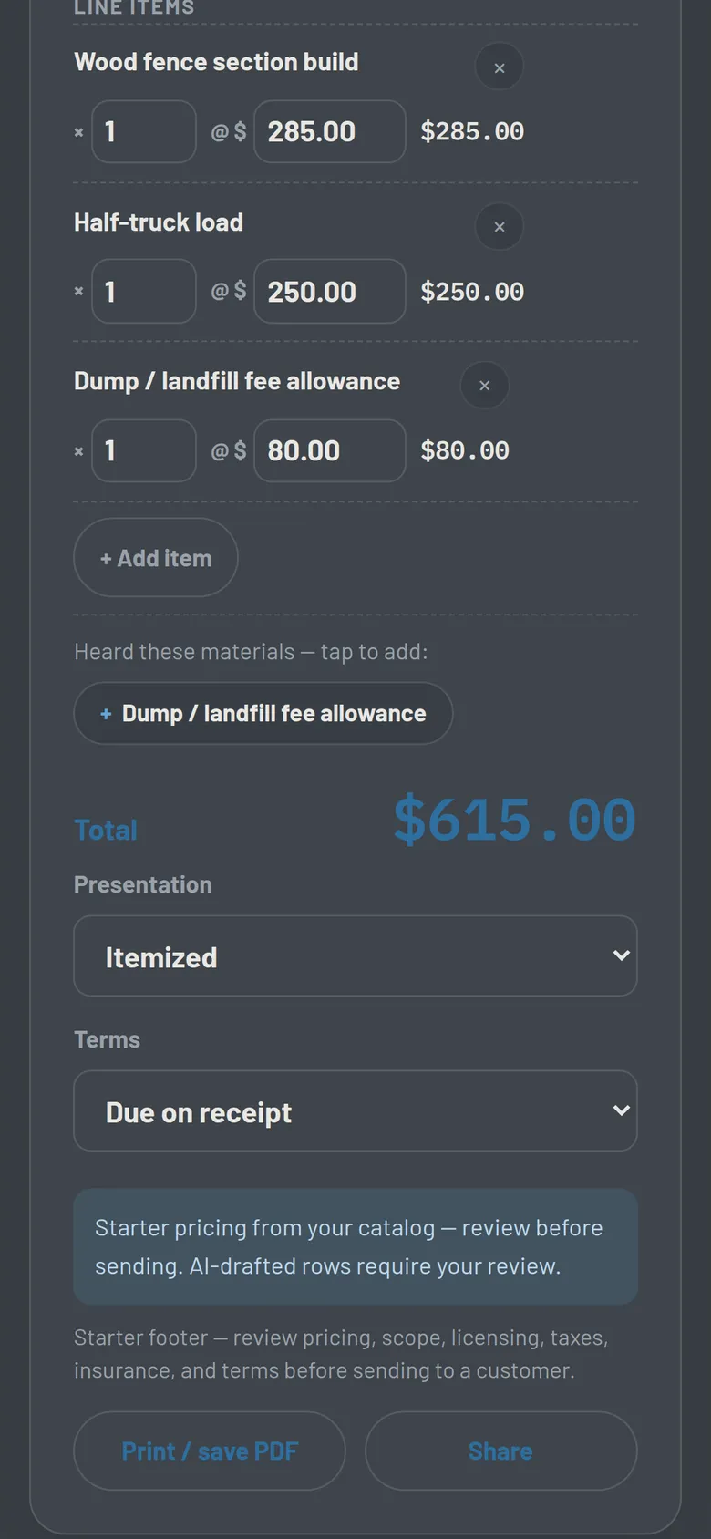 A phone showing an editable finished quote with line items, a clear total, Print, and Share.